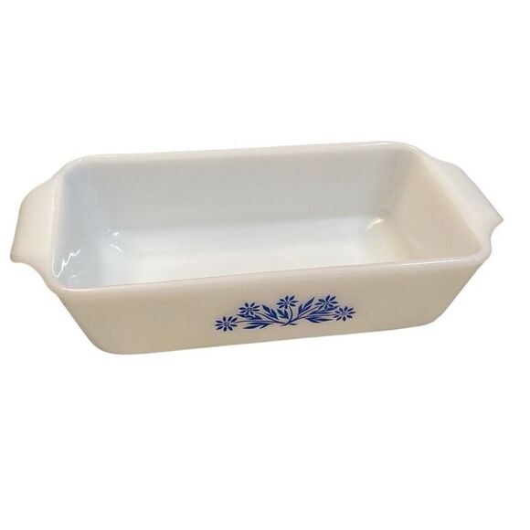 Vintage Anchor Hocking Fire King White Milk Glass Loaf Pan Blue Cornflower 1qt - Picture 1 of 10